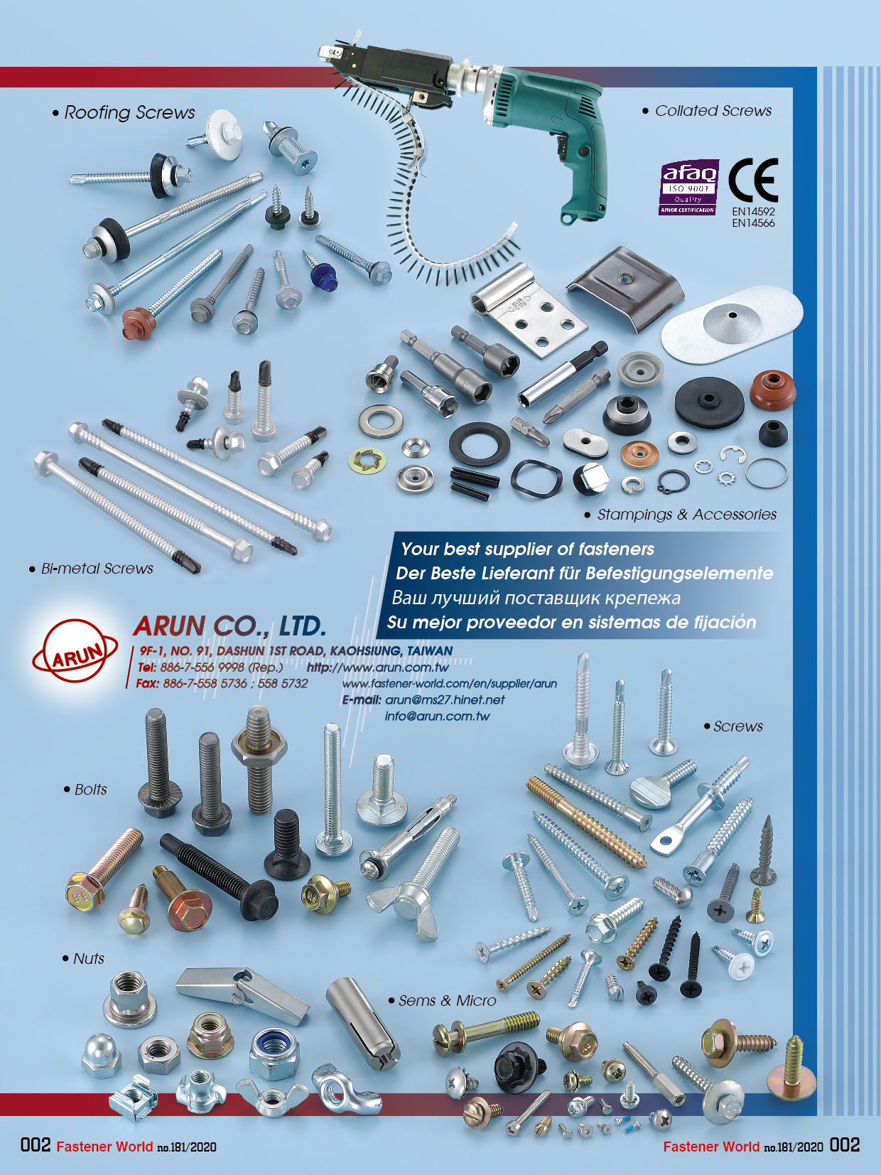 ARUN CO., LTD. , Roofing Screw, Collated Screw, Stamping & Accessories, Bi-Meta Screws, Screws, Bolts, Nuts, Sems & Micro , Special Bolts ARUN CO., LTD. , Roofing Screw, Collated Screw, Stamping & Accessories, Bi-Meta Screws, Screws, Bolts, Nuts, Sems & Micro , Special Bolts