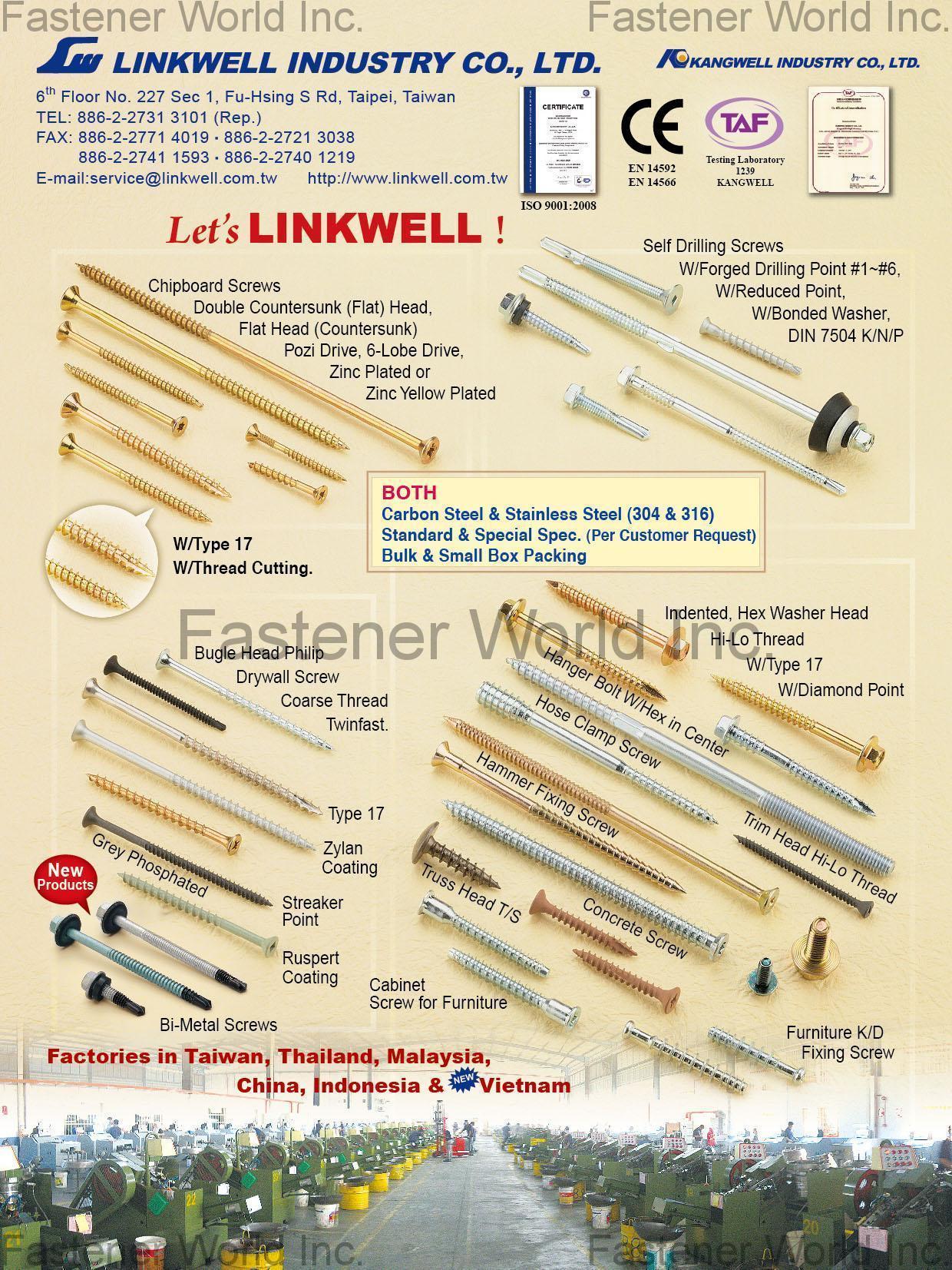 LINKWELL INDUSTRY CO., LTD. , Standard & Non-Standard, Bulk pack & Small box pack / Chipboard Screw, Double Countersunk (Flat) Head, Flat Head (Countersunk), Pozi Drive, 6-Lobe Drive, Zinc Plated or Zinc Yellow Plated, W/Type 17, W/Thread Cutting , Chipboard Screws LINKWELL INDUSTRY CO., LTD. , Standard & Non-Standard, Bulk pack & Small box pack / Chipboard Screw, Double Countersunk (Flat) Head, Flat Head (Countersunk), Pozi Drive, 6-Lobe Drive, Zinc Plated or Zinc Yellow Plated, W/Type 17, W/Thread Cutting , Chipboard Screws