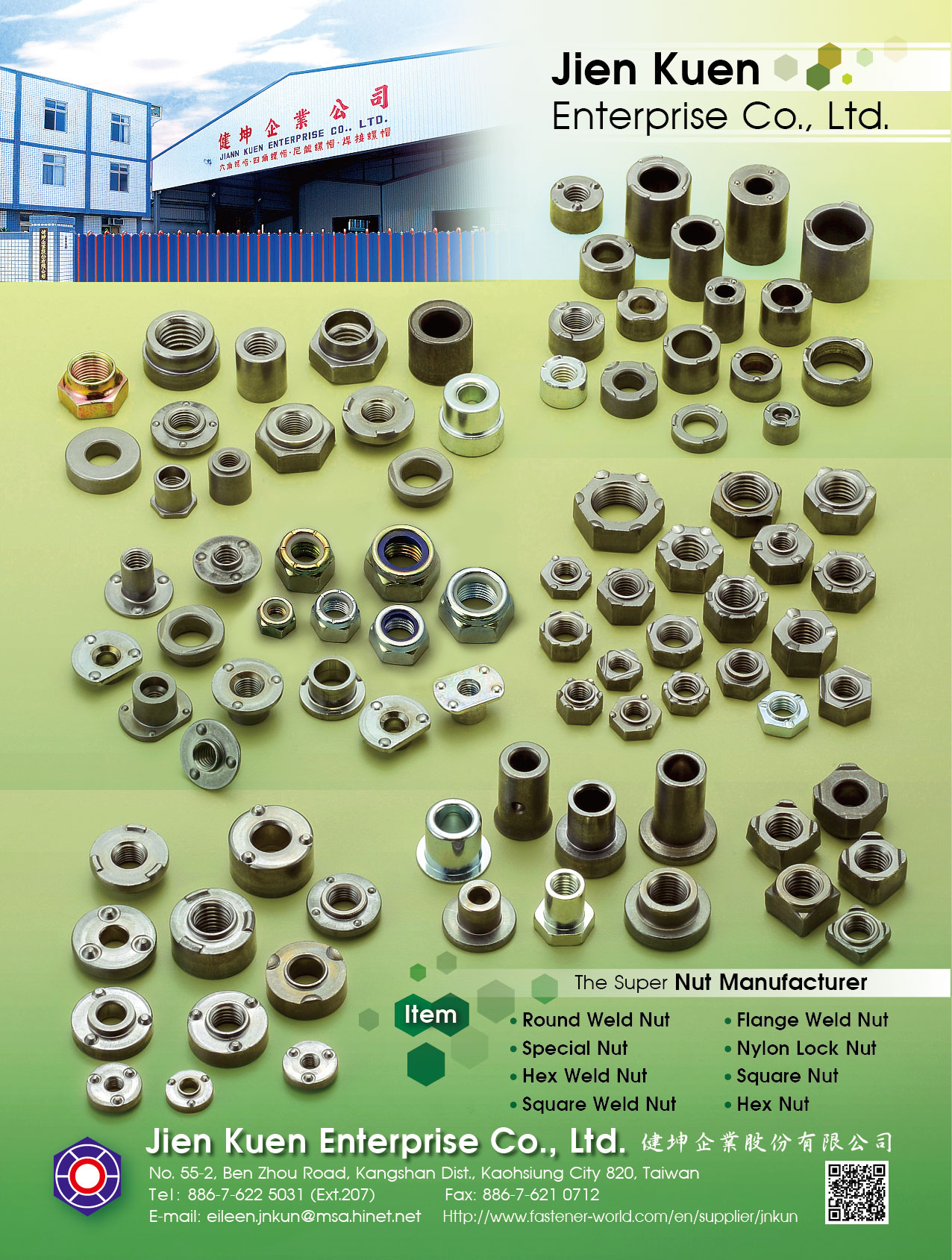 JIEN KUEN ENTERPRISE CO., LTD.  , Round Weld Nut, Special Nut, Hex Weld Nut, Square Weld Nut, Flange Weld Nut, Nylon Lock Nut, Square Nut, Hex Nut , Hex Nuts With Conical Washers