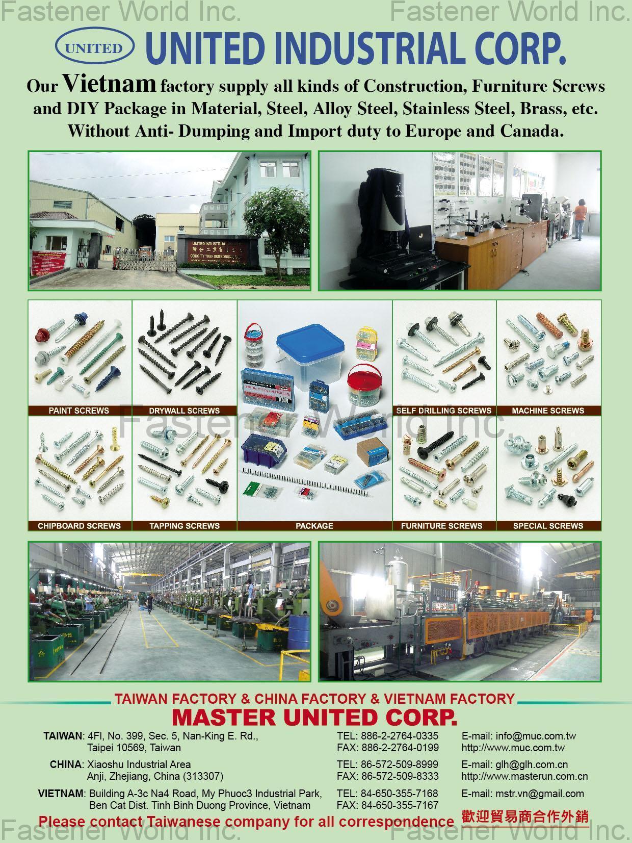 MASTER UNITED CORP. , Paint Screws, Drywall Screws, Chipboard Screws, Tapping Screws, Self Drilling Screws, Machine Screws, Furniture Screws, Special Screws, Package , Machine Screws MASTER UNITED CORP. , Paint Screws, Drywall Screws, Chipboard Screws, Tapping Screws, Self Drilling Screws, Machine Screws, Furniture Screws, Special Screws, Package , Machine Screws