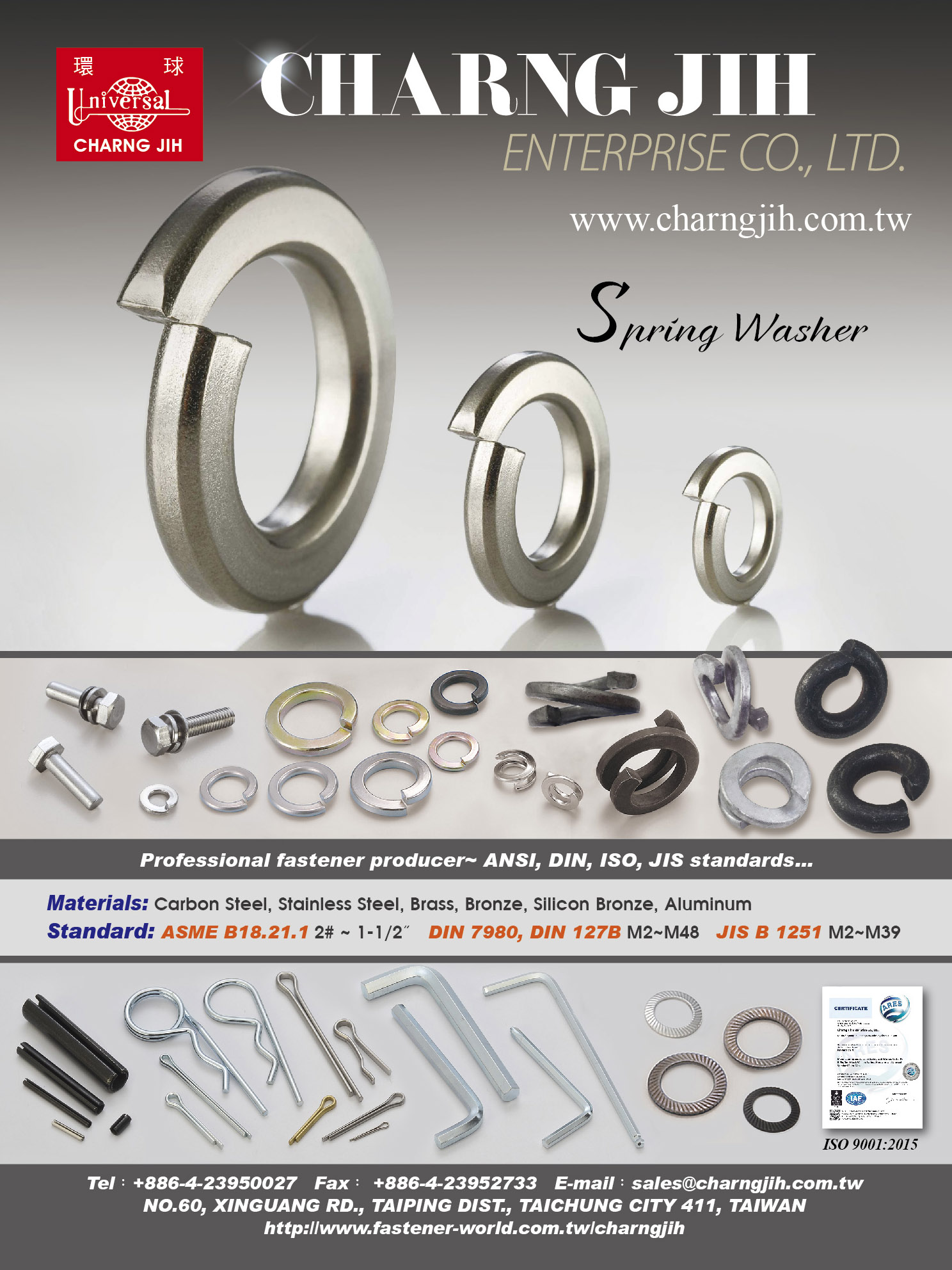CHARNG JIH ENTERPRISE CO., LTD. , Spring Lock Washers, Double Coil Spring Lock Washers, SEMS Washers, Tooth / Flat Washers, Cotter Pins, R-Pins , Spring Washers CHARNG JIH ENTERPRISE CO., LTD. , Spring Lock Washers, Double Coil Spring Lock Washers, SEMS Washers, Tooth / Flat Washers, Cotter Pins, R-Pins , Spring Washers