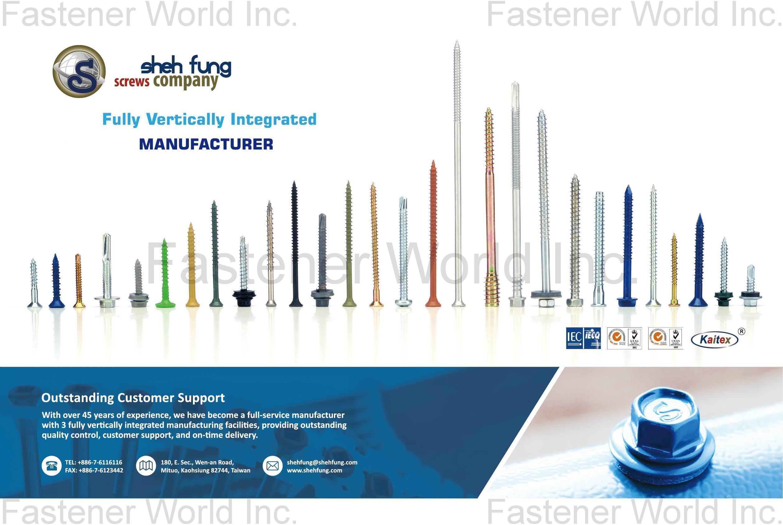 SHEH FUNG SCREWS CO., LTD. , Chipboard Screws, Drywall Screws, Tapping Screws, Wood Screws, Self-Drilling Screws, Furniture Screws, Decking Screws, Roofing Screws, Other Screws , Customized Special Screws / Bolts SHEH FUNG SCREWS CO., LTD. , Chipboard Screws, Drywall Screws, Tapping Screws, Wood Screws, Self-Drilling Screws, Furniture Screws, Decking Screws, Roofing Screws, Other Screws , Customized Special Screws / Bolts