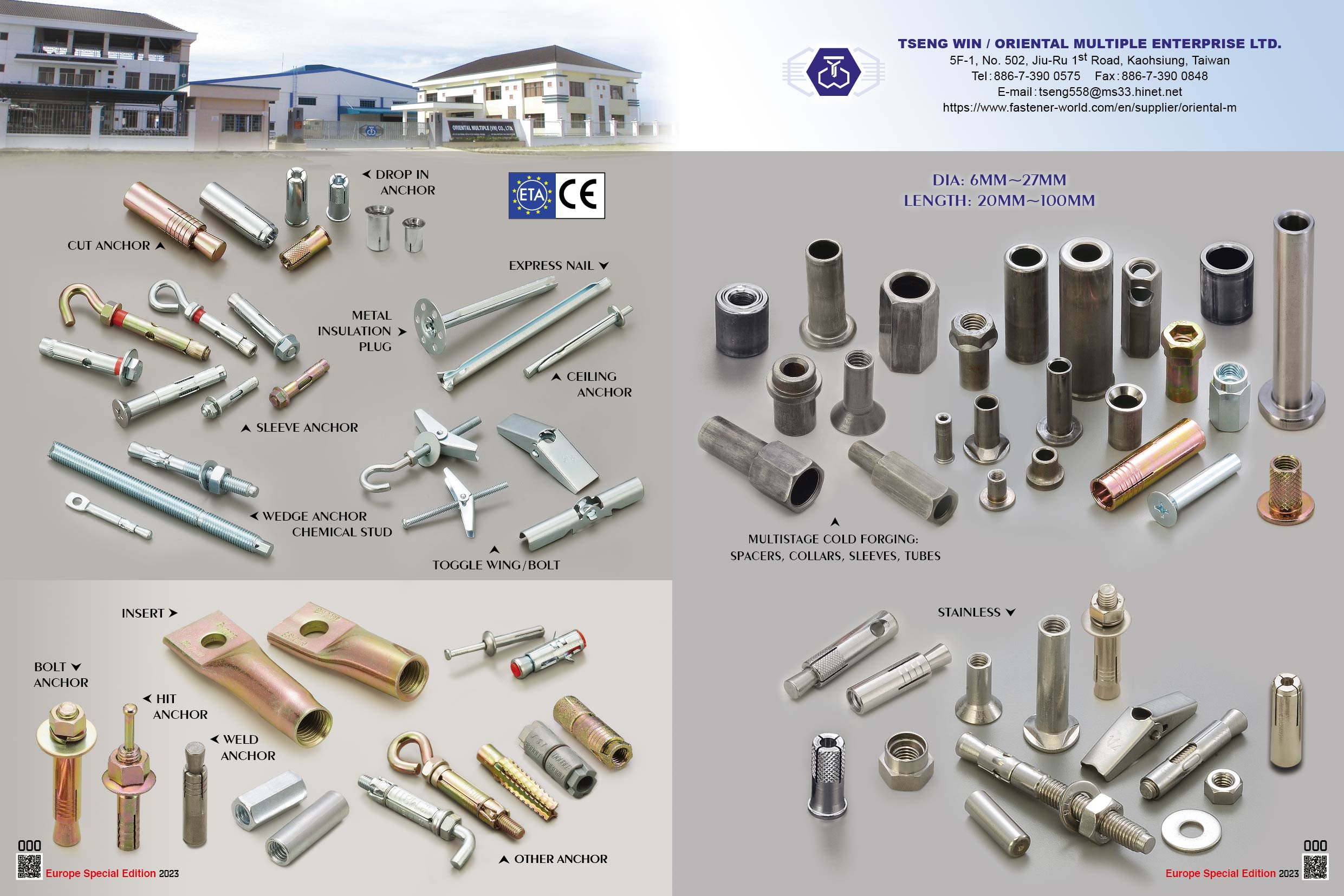 TSENG WIN TRADING CO., LTD. / ORIENTAL MULTIPLE ENTERPRISE LTD. , Cut Anchor, Drop in Anchor, Metal Insulation Plug, Express Nail, Ceiling Anchor, Sleeve Anchor, Wedge Anchor Chemical Stud, Toggle Wing/Bolt, Insert, Bolt Anchor, Hit Anchor, Weld Anchor, Stainless Steel, Multistage cold Forging, Spacers, Collars, Sleeves, Tubes , Cut Anchors TSENG WIN TRADING CO., LTD. / ORIENTAL MULTIPLE ENTERPRISE LTD. , Cut Anchor, Drop in Anchor, Metal Insulation Plug, Express Nail, Ceiling Anchor, Sleeve Anchor, Wedge Anchor Chemical Stud, Toggle Wing/Bolt, Insert, Bolt Anchor, Hit Anchor, Weld Anchor, Stainless Steel, Multistage cold Forging, Spacers, Collars, Sleeves, Tubes , Cut Anchors