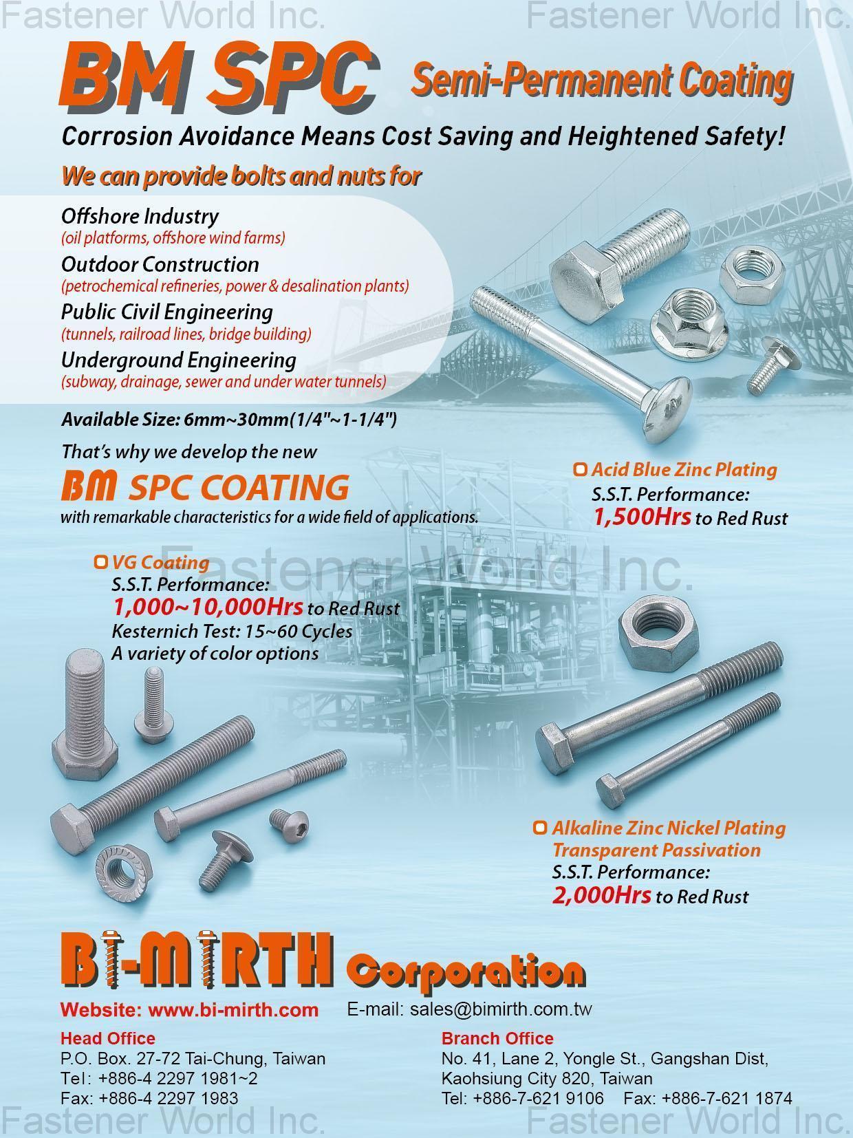 BI-MIRTH CORPORATION , Semi-Permanent Coating, VG Coating, Acid Blue Zine Plating , Color-coated Screws BI-MIRTH CORPORATION , Semi-Permanent Coating, VG Coating, Acid Blue Zine Plating , Color-coated Screws