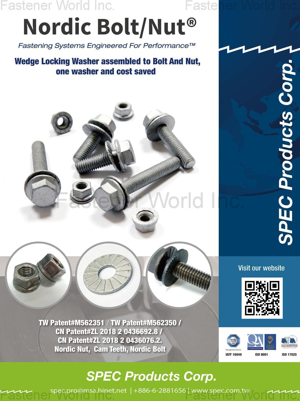 SPEC PRODUCTS CORP. , Nordic Bolt/Nut, Wedge Locking Washer assembled to Bolt and Nut , Special Parts SPEC PRODUCTS CORP. , Nordic Bolt/Nut, Wedge Locking Washer assembled to Bolt and Nut , Special Parts