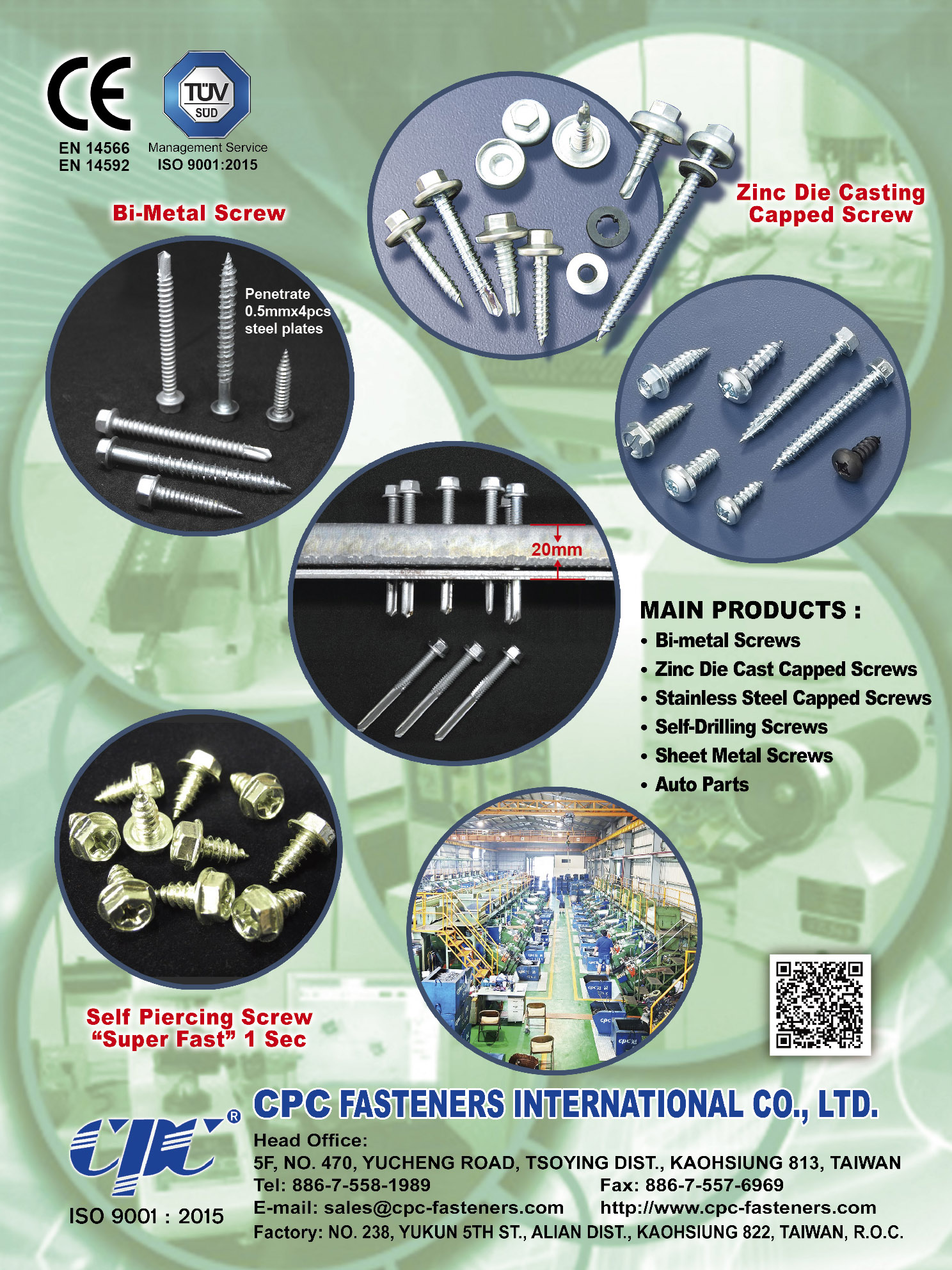 CPC FASTENERS INTERNATIONAL CO.,LTD. , Bi-Metal Screws, Zinc Die Casting Capped Screw, Stainless Steel Capped Screw, Sheet Metal Screws, Self-Drilling Screws, Auto Parts, Self Piercing Screws , Bi-metal Screw CPC FASTENERS INTERNATIONAL CO.,LTD. , Bi-Metal Screws, Zinc Die Casting Capped Screw, Stainless Steel Capped Screw, Sheet Metal Screws, Self-Drilling Screws, Auto Parts, Self Piercing Screws , Bi-metal Screw