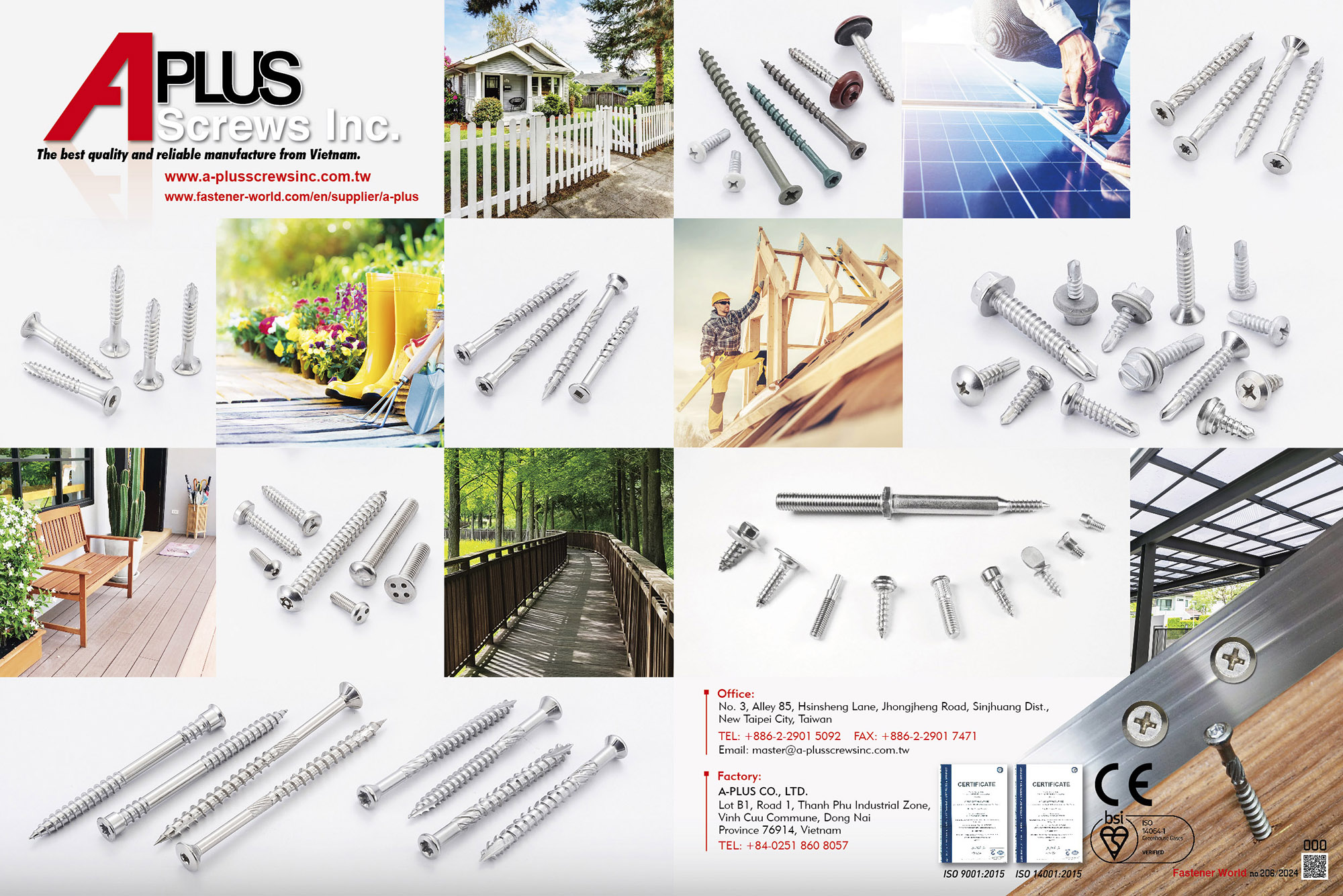 A-PLUS SCREWS INC. , Deck screws (Terrassotec), Head painted screws, Special designed screws, High Low thread screws, Thread forming screws, Chipboard screws, Self tapping screws, Machine screws, Self drilling screws, Wood screws, Security screws, Nails, Fassade (Facade) Screws , Deck Screws