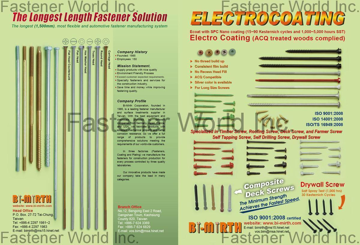 BI-MIRTH CORPORATION , Long Fasteners, Electrocoating , Bi-metal Screw BI-MIRTH CORPORATION , Long Fasteners, Electrocoating , Bi-metal Screw