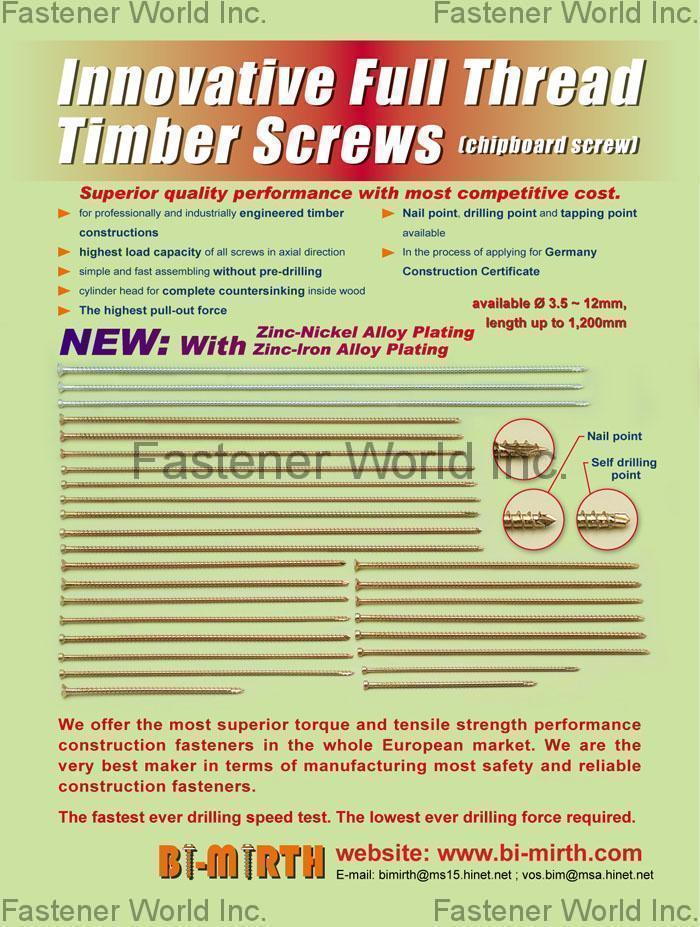 BI-MIRTH CORPORATION , Innovative Full Thread Timber Screws (Chipboard Screw) , Chipboard Screws BI-MIRTH CORPORATION , Innovative Full Thread Timber Screws (Chipboard Screw) , Chipboard Screws