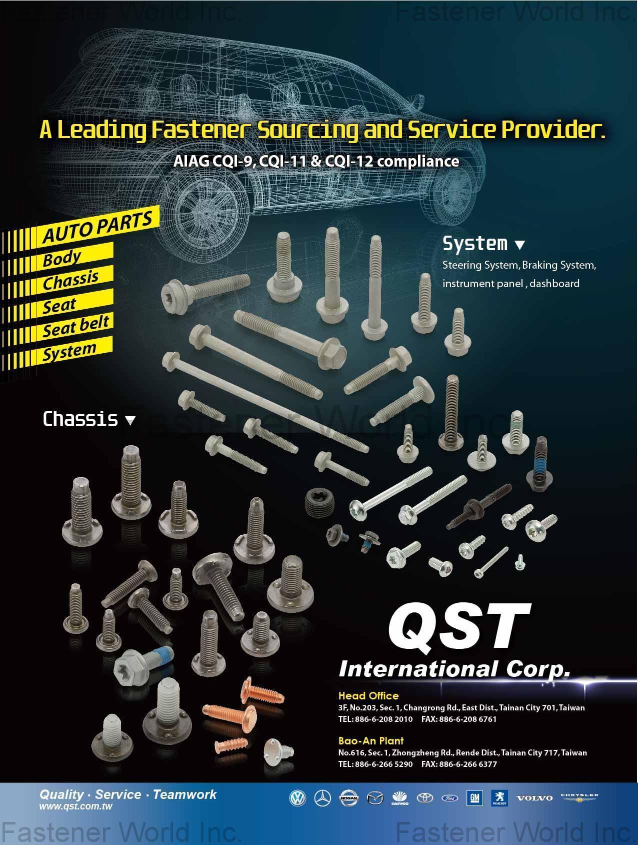 QST INTERNATIONAL CORP.  , Proprietary Fasteners, TORX® Screws, TORX PLUS® Screws, TRI-LOBULAR® Screws, TRI-LOBULAR 2000®, Induction Hardened Bolts, REMFORM® Screws, REMFORM®, Auto Fasteners, Weld bolts, Weld Studs, Sems (Screws + Washer assembly), Multi-die Headed Pins and Rivets, Special Screws per Print, Internal Fasteners, External Fasteners, Non Fasteners