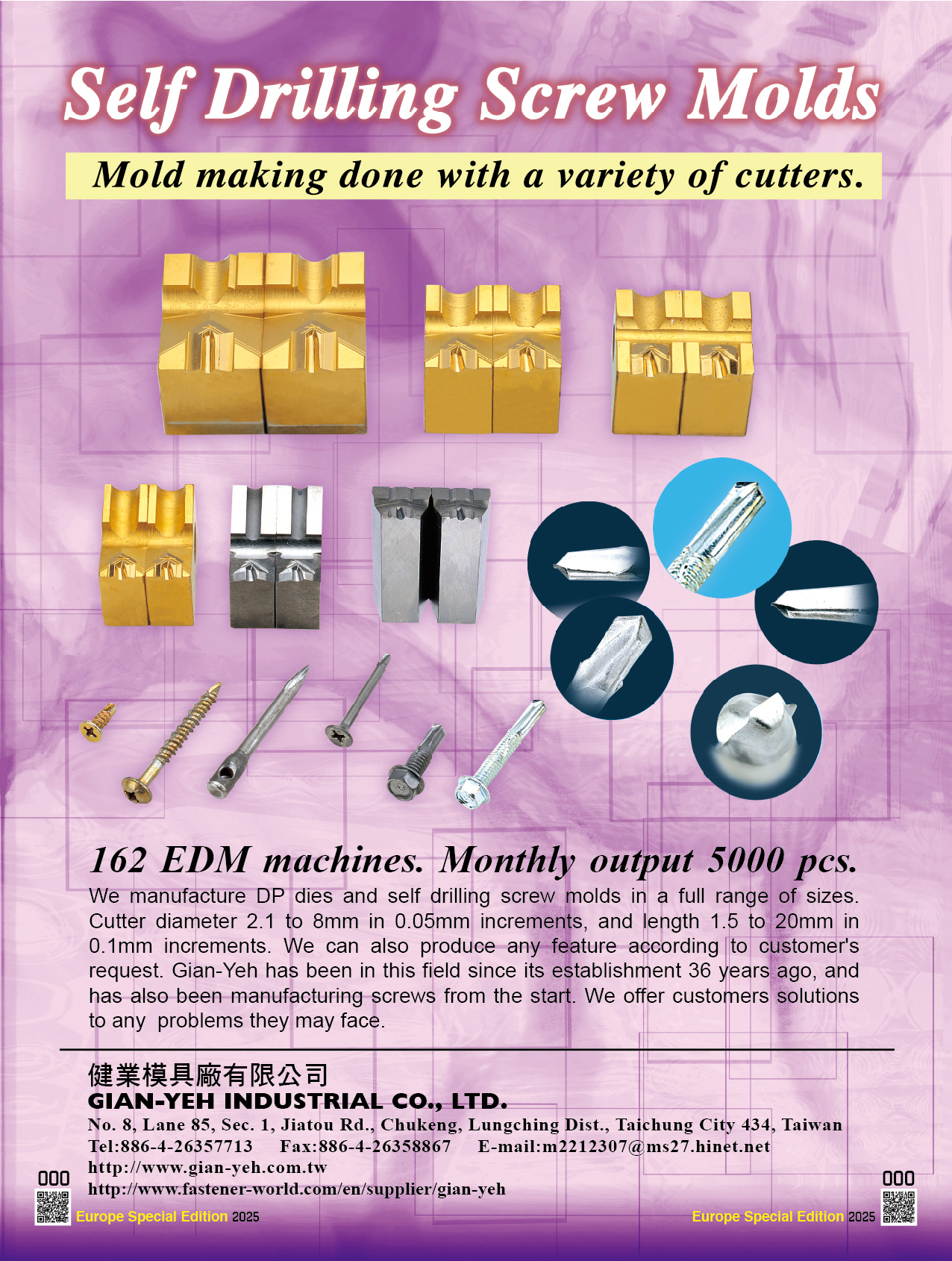 GIAN-YEH INDUSTRIAL CO., LTD. , Self Drilling Screw Molds, Dries for rivets, Dies for screw tips, Pointing dies, Self-drilling dies , Pointing dies, Self-drilling dies GIAN-YEH INDUSTRIAL CO., LTD. , Self Drilling Screw Molds, Dries for rivets, Dies for screw tips, Pointing dies, Self-drilling dies , Pointing dies, Self-drilling dies