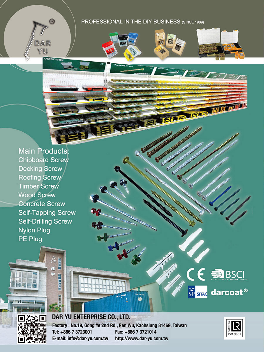 DAR YU ENTERPRISE CO., LTD. , Chipboard Screw, Decking Screw, Roofing Screw, Timber Screw, Wood Screw, Concrete Screw, Self-Tapping Screw, Self-Drilling Screw, Nylon Plug, PE Plug, PP Boxes, PET Jars, Plastic Products , Deck Screws DAR YU ENTERPRISE CO., LTD. , Chipboard Screw, Decking Screw, Roofing Screw, Timber Screw, Wood Screw, Concrete Screw, Self-Tapping Screw, Self-Drilling Screw, Nylon Plug, PE Plug, PP Boxes, PET Jars, Plastic Products , Deck Screws