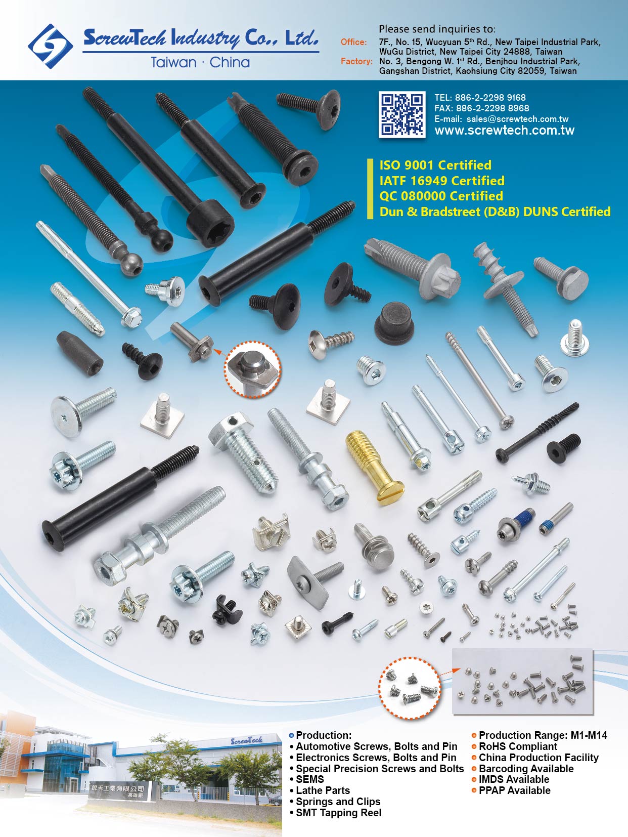 SCREWTECH INDUSTRY CO., LTD. , Automotive Screws, Automotive Bolts, Automotive Pin, Electronic Screws, Electronic Bolts, Electronic Pin, Special Precision Screws, Special Precision Bolts, SEMS, Lathe Parts, Springs and Clips, SMT Tapping Reel , Automotive Screws SCREWTECH INDUSTRY CO., LTD. , Automotive Screws, Automotive Bolts, Automotive Pin, Electronic Screws, Electronic Bolts, Electronic Pin, Special Precision Screws, Special Precision Bolts, SEMS, Lathe Parts, Springs and Clips, SMT Tapping Reel , Automotive Screws