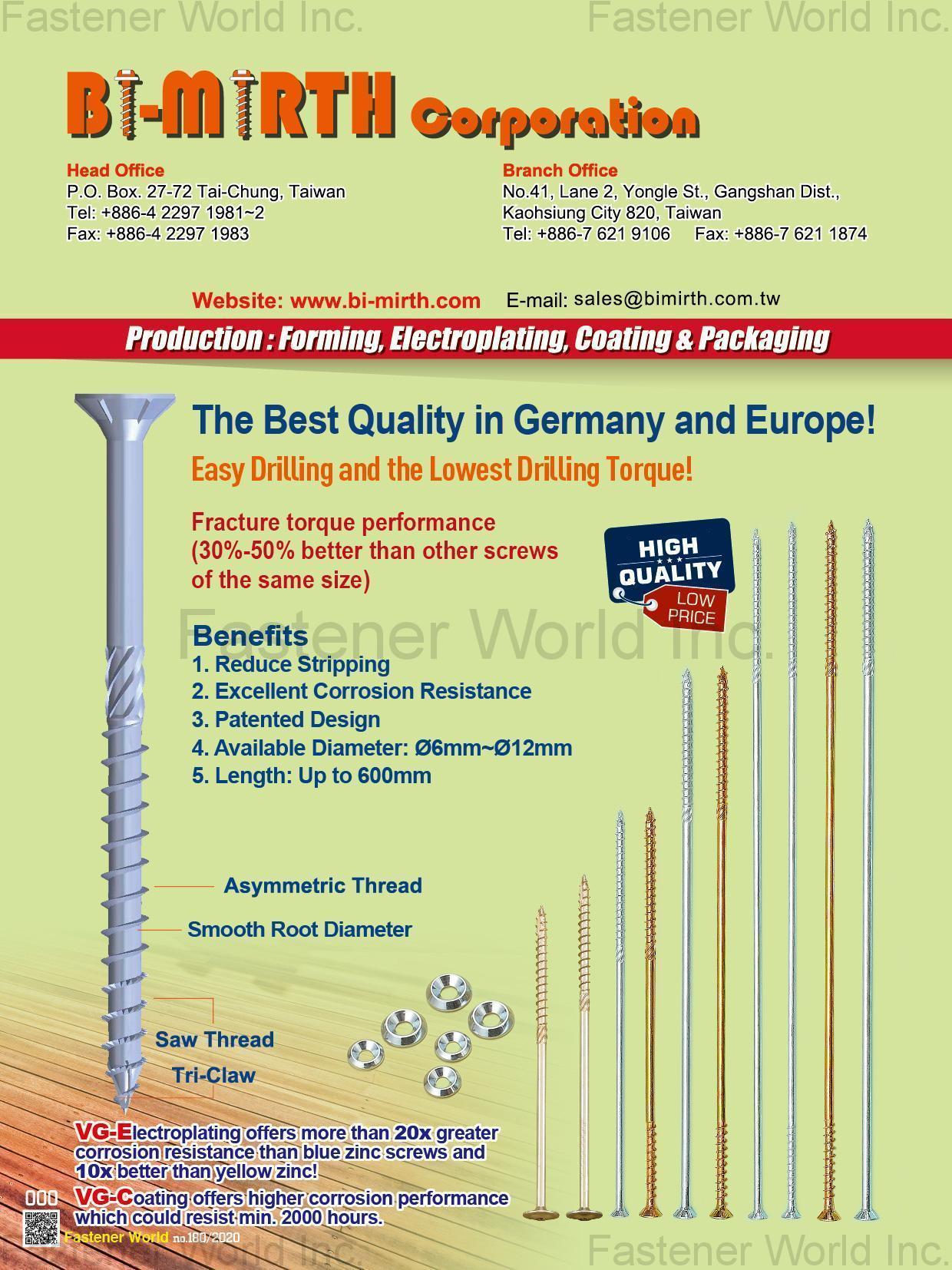 BI-MIRTH CORPORATION , Long Chipboard Screws , Chipboard Screws BI-MIRTH CORPORATION , Long Chipboard Screws , Chipboard Screws