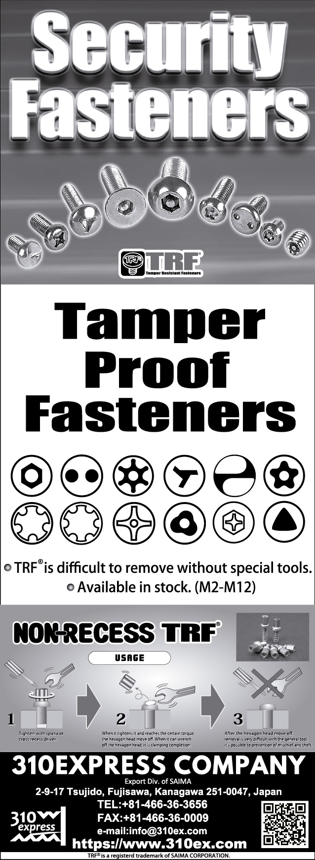 310EXPRESS COMPANY (A Div. of SAIMA CORP.) , Security Fasteners, Tamper Resistant Fasteners , Tamper-proof Bolts 310EXPRESS COMPANY (A Div. of SAIMA CORP.) , Security Fasteners, Tamper Resistant Fasteners , Tamper-proof Bolts