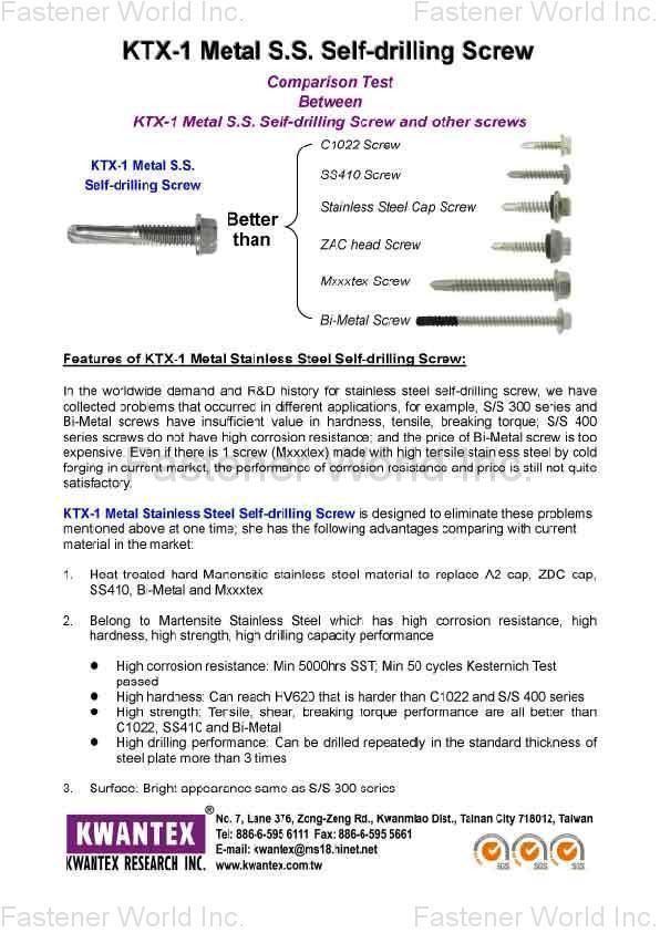 KWANTEX RESEARCH INC. , KTX-1 Metal S.S. Self-drilling Screw KWANTEX RESEARCH INC. , KTX-1 Metal S.S. Self-drilling Screw