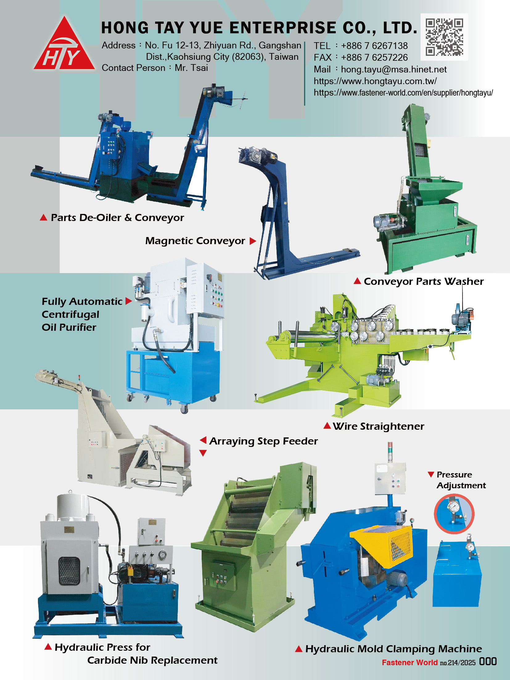 HONG TAY YUE ENTERPRISE CO., LTD. , Hydraulic Mold Clamping Machine, Rotary Drum Washer & De - Oiler, Conveyor Parts Washer, De - Oiler, Wire Straightener, Arraying Step Feeder, Sorting Roller with Box Packing System, Hydraulic Press for Carbide Nib Replacement HONG TAY YUE ENTERPRISE CO., LTD. , Hydraulic Mold Clamping Machine, Rotary Drum Washer & De - Oiler, Conveyor Parts Washer, De - Oiler, Wire Straightener, Arraying Step Feeder, Sorting Roller with Box Packing System, Hydraulic Press for Carbide Nib Replacement