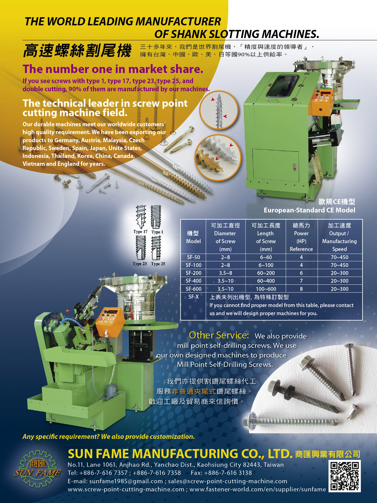 SUN FAME MANUFACTURING CO., LTD. , Screw Cutting Machine, Mill Point Self-Drilling Screw, Automatic Grinding Machine, Semiautomatic Grinding Machine, Round Saw SUN FAME MANUFACTURING CO., LTD. , Screw Cutting Machine, Mill Point Self-Drilling Screw, Automatic Grinding Machine, Semiautomatic Grinding Machine, Round Saw