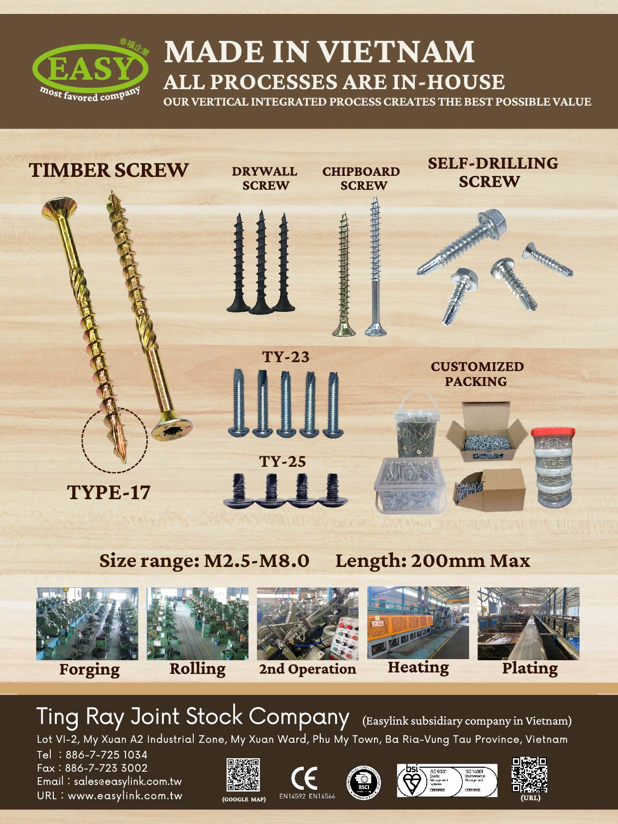 EASYLINK INDUSTRIAL CO., LTD. , Chipboard Screws, Drywall Screws, Customized Packing, Type-17, Timber Screw, Self-Drilling Screw EASYLINK INDUSTRIAL CO., LTD. , Chipboard Screws, Drywall Screws, Customized Packing, Type-17, Timber Screw, Self-Drilling Screw