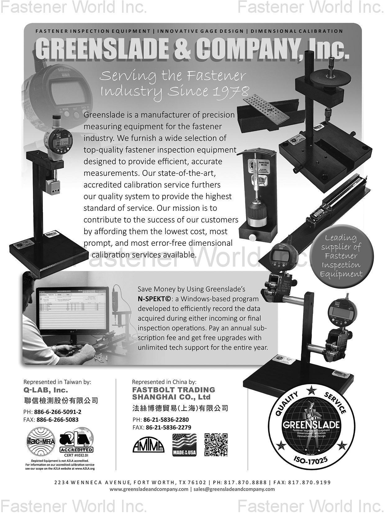GREENSLADE & COMPANY, INC. , Fastener Inspection Equipment, Innovative Gage Design, Dimensional Calibration GREENSLADE & COMPANY, INC. , Fastener Inspection Equipment, Innovative Gage Design, Dimensional Calibration