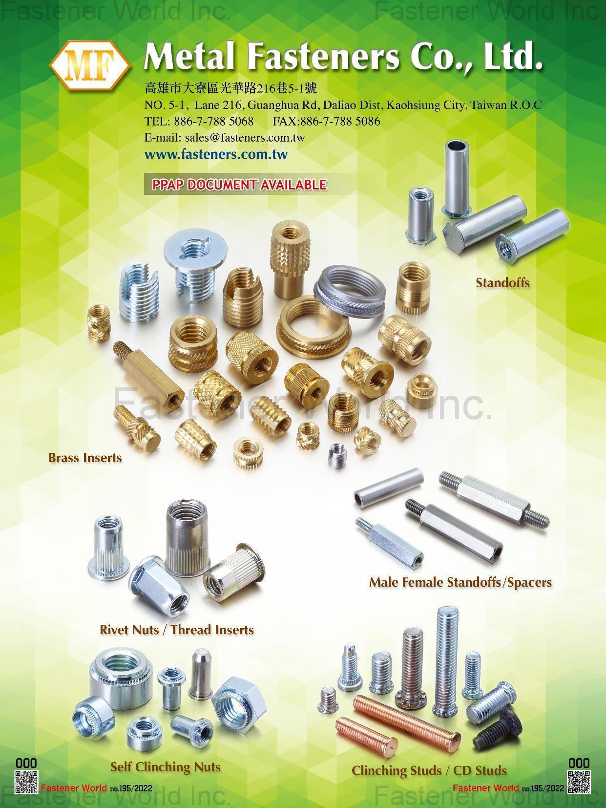 METAL FASTENERS CO., LTD. , Brass Inserts, Standoofs, Rivet Nuts, Thread Inserts, Male Female Standoffs / Spacers, Self Clinching Nuts, Clinching Studs, CD Studs METAL FASTENERS CO., LTD. , Brass Inserts, Standoofs, Rivet Nuts, Thread Inserts, Male Female Standoffs / Spacers, Self Clinching Nuts, Clinching Studs, CD Studs