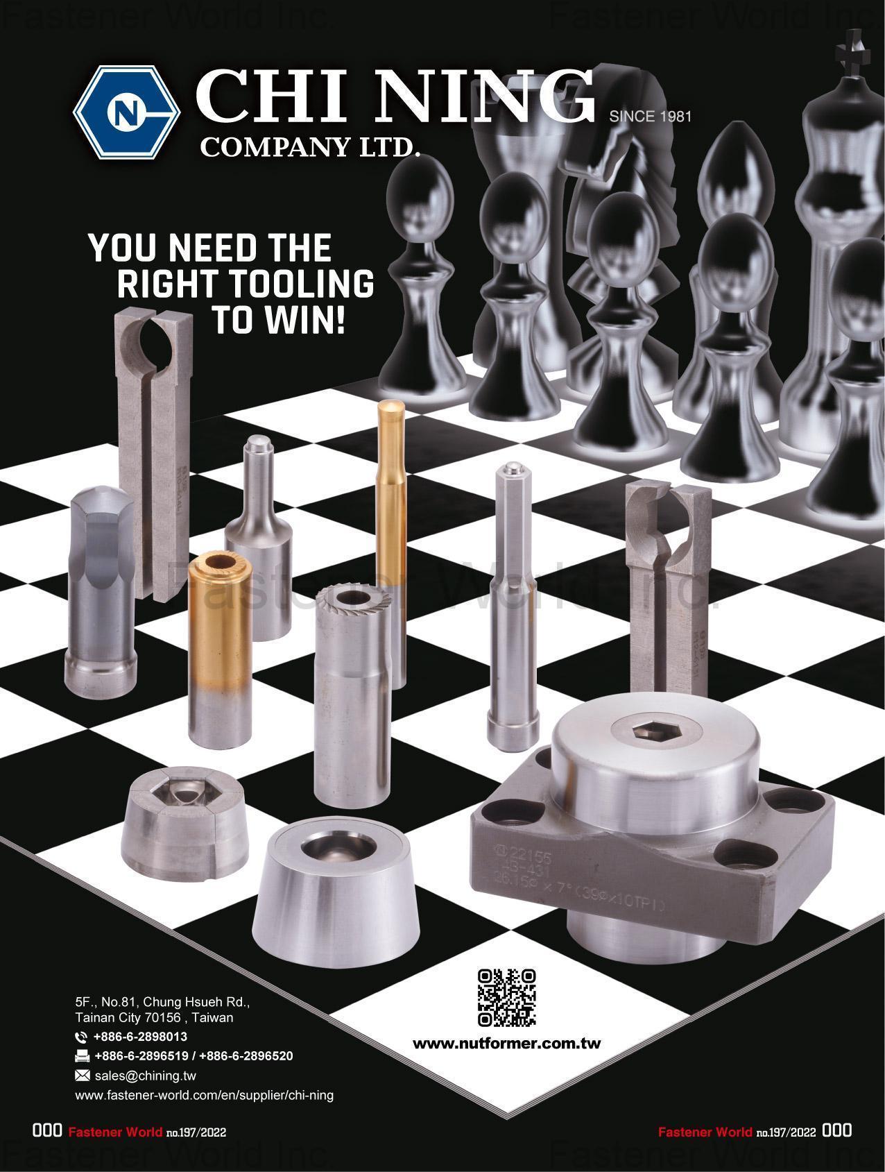 CHI NING CO., LTD. , Nut Tooling, Nut Tap, Nut Former, Nut Tapping Machine, Wire Drawing Machine, Nipple Machine, Spoke Machine, Nuts. CHI NING CO., LTD. , Nut Tooling, Nut Tap, Nut Former, Nut Tapping Machine, Wire Drawing Machine, Nipple Machine, Spoke Machine, Nuts.