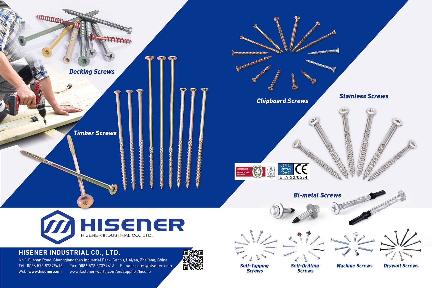 HISENER INDUSTRIAL CO., LTD. , Decking Screws,Timber Screws,Chipboard Screws, Stainless Screws, Concrete Screws,Dowel Screws,Self-Tapping Screws, Self-Drilling Screws, Machine Screws,Drywall Screws HISENER INDUSTRIAL CO., LTD. , Decking Screws,Timber Screws,Chipboard Screws, Stainless Screws, Concrete Screws,Dowel Screws,Self-Tapping Screws, Self-Drilling Screws, Machine Screws,Drywall Screws