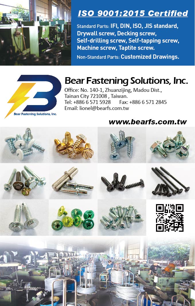 BEAR FASTENING SOLUTIONS, INC. , IFI, DIN, ISO, JIS standard,  Drywall Screws, Decking Screws, Self-drilling Screws, Self-tapping Screws, Machine Screws, TRI-LOBULAR Screws, Customized Drawings