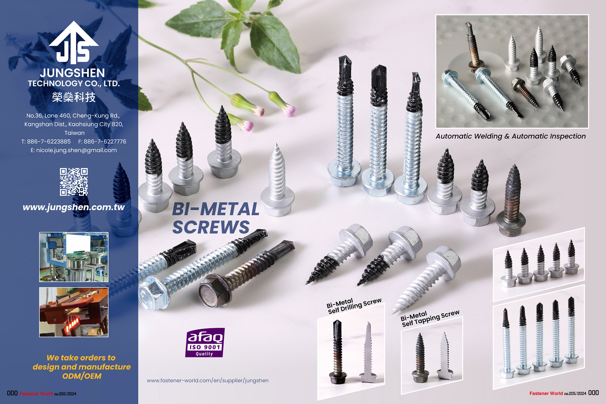 JUNG SHEN TECHNOLOGY CO., LTD. , Bi-Metal Screws, Bi-Metal Self Drilling Screws, Bi-Metal Tapping Screws, Automatic Welding & Automatic Inspection