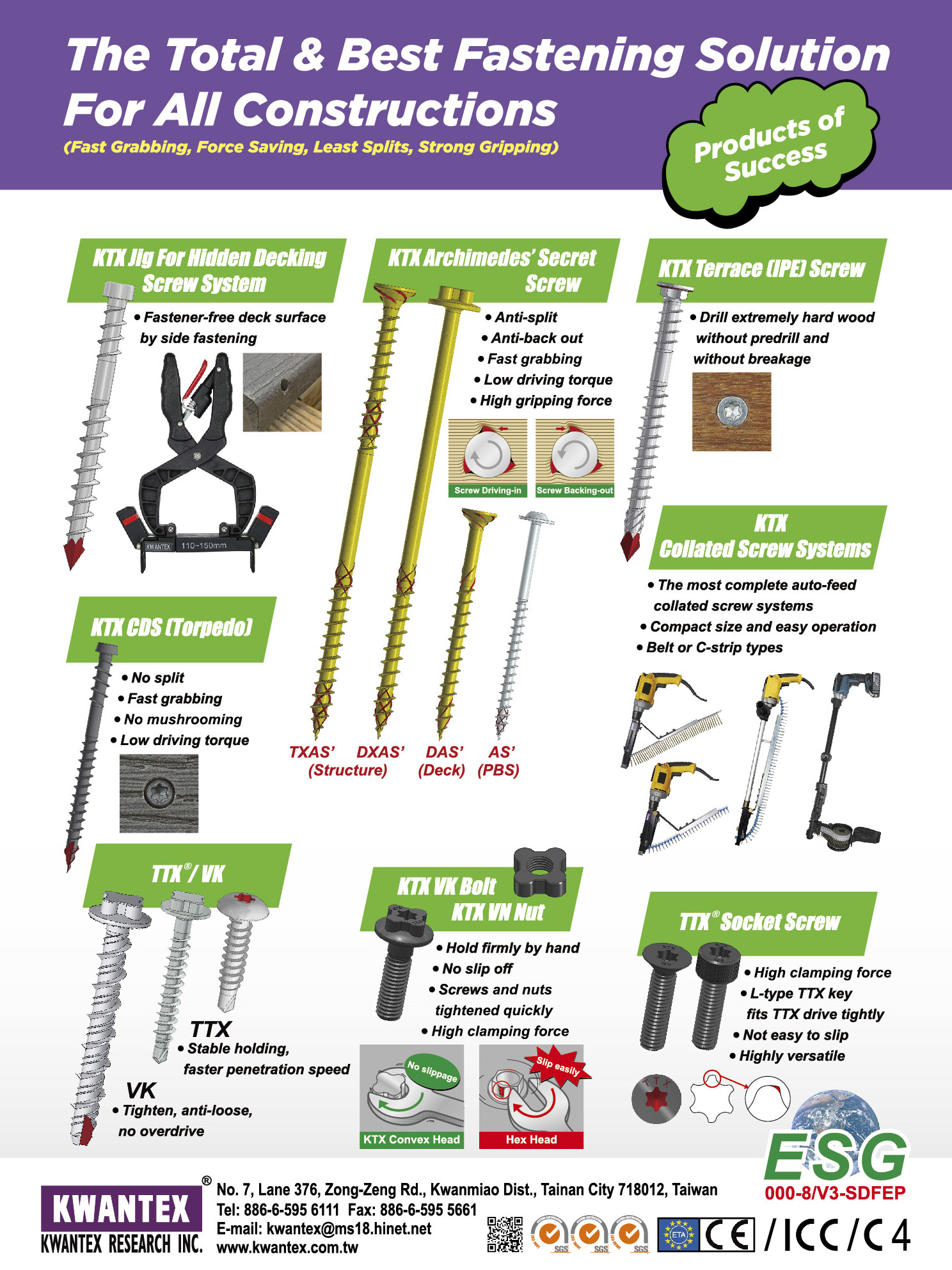 KWANTEX RESEARCH INC. , KTX-Concrete Screw, KTX Archimedes' Secret Screw, KTX-CDS (Torpedo), TTX/VK Self-Drilling Screw, KTX-1 Metal S.S. Screw, KTX-Jig for Hidden Decking Screw System, KTX-Terrace (IPE) Screw KWANTEX RESEARCH INC. , KTX-Concrete Screw, KTX Archimedes' Secret Screw, KTX-CDS (Torpedo), TTX/VK Self-Drilling Screw, KTX-1 Metal S.S. Screw, KTX-Jig for Hidden Decking Screw System, KTX-Terrace (IPE) Screw