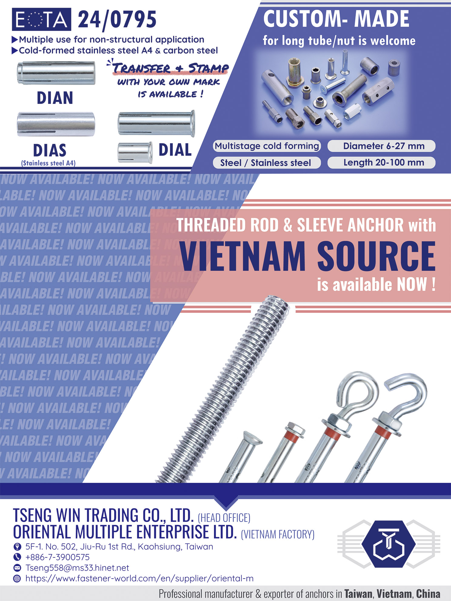 TSENG WIN TRADING CO., LTD. / ORIENTAL MULTIPLE ENTERPRISE LTD. , Threaded Rod & Sleeve Anchor, Long Tube / Nut TSENG WIN TRADING CO., LTD. / ORIENTAL MULTIPLE ENTERPRISE LTD. , Threaded Rod & Sleeve Anchor, Long Tube / Nut