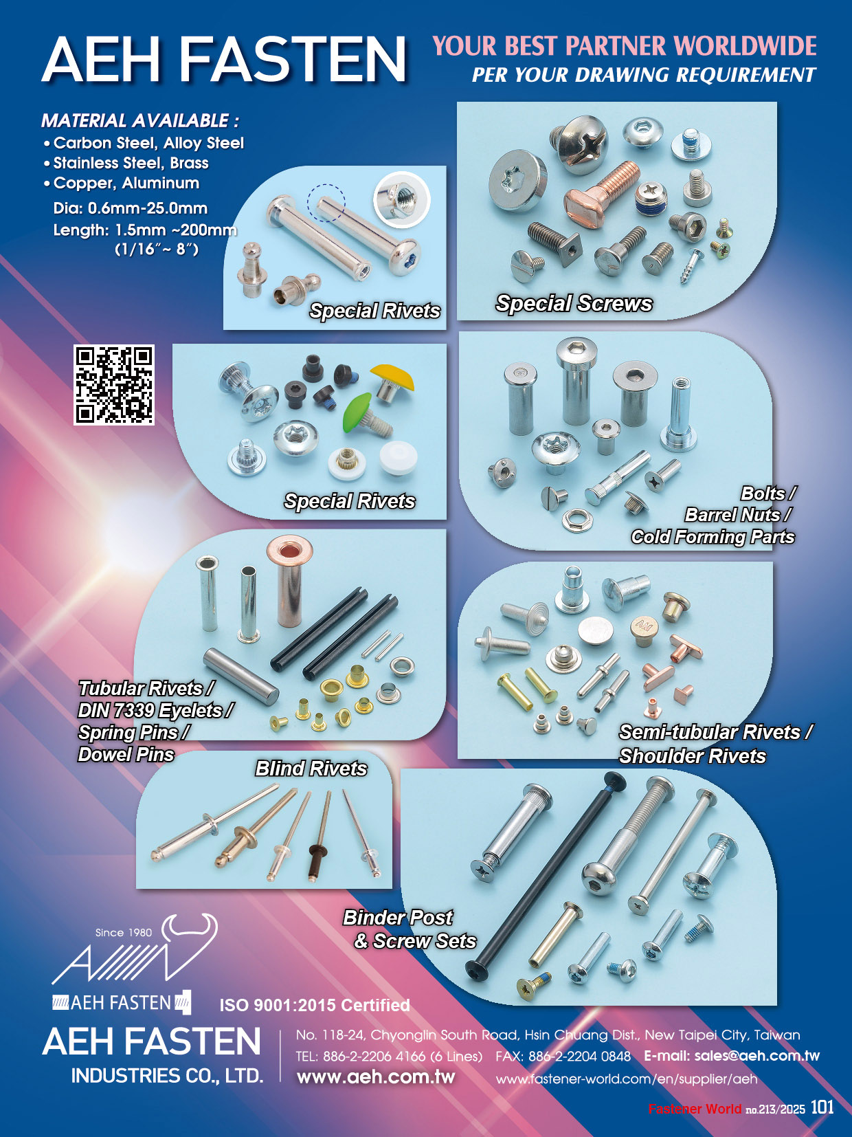 AEH FASTEN INDUSTRIES CO., LTD. , Special Screws, Special Rivets, Bolts / Barrel Nuts / Cold Forming Parts, Tubular Rivets / DIN 7339 Eyelets / Spring Pins / Dowel Pins, Semi-tubular Rivets / Shoulder Rivets, Binder Post & Screws Sets AEH FASTEN INDUSTRIES CO., LTD. , Special Screws, Special Rivets, Bolts / Barrel Nuts / Cold Forming Parts, Tubular Rivets / DIN 7339 Eyelets / Spring Pins / Dowel Pins, Semi-tubular Rivets / Shoulder Rivets, Binder Post & Screws Sets